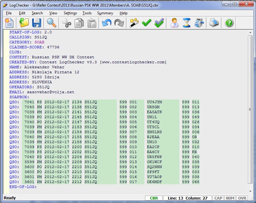 Russian PSK WW DX Contest view in LogChecker